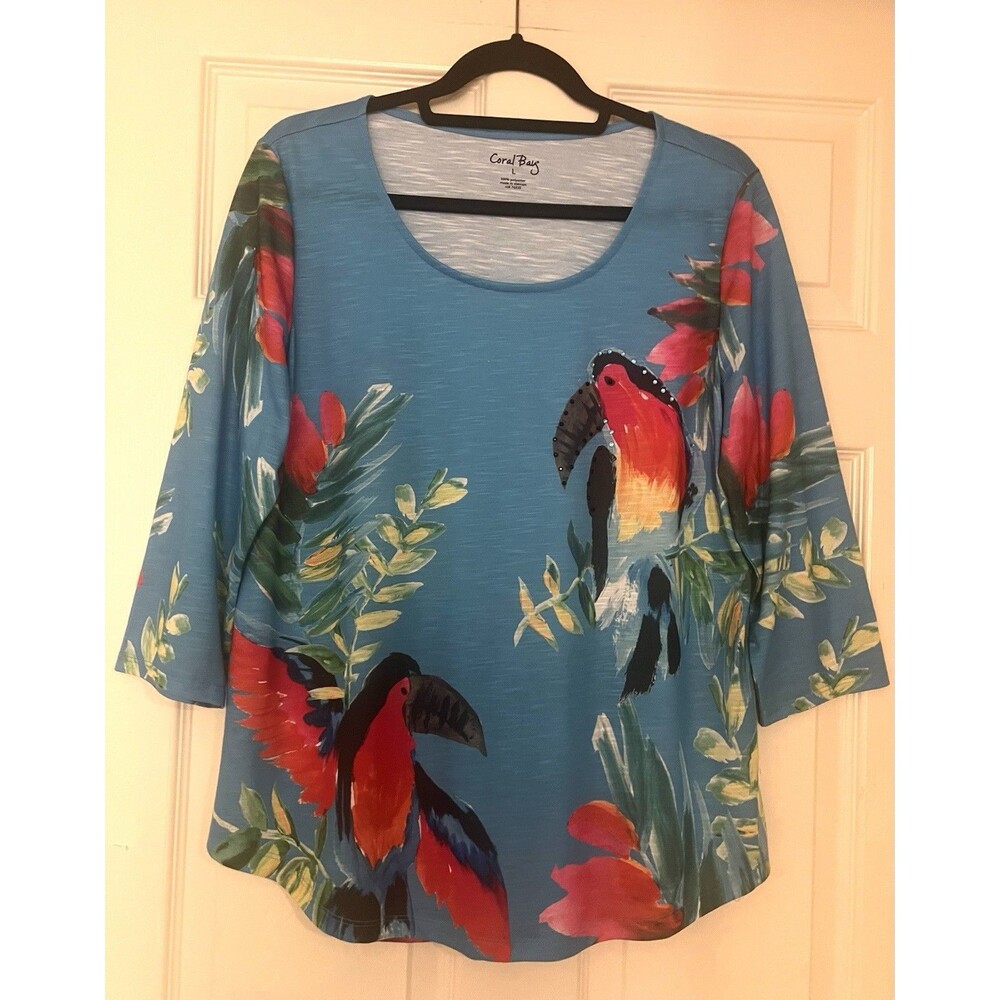 Coral Bay Blue Tropical Floral Studded Tunic Tee L 3/4 Sleeve Scoop Neck